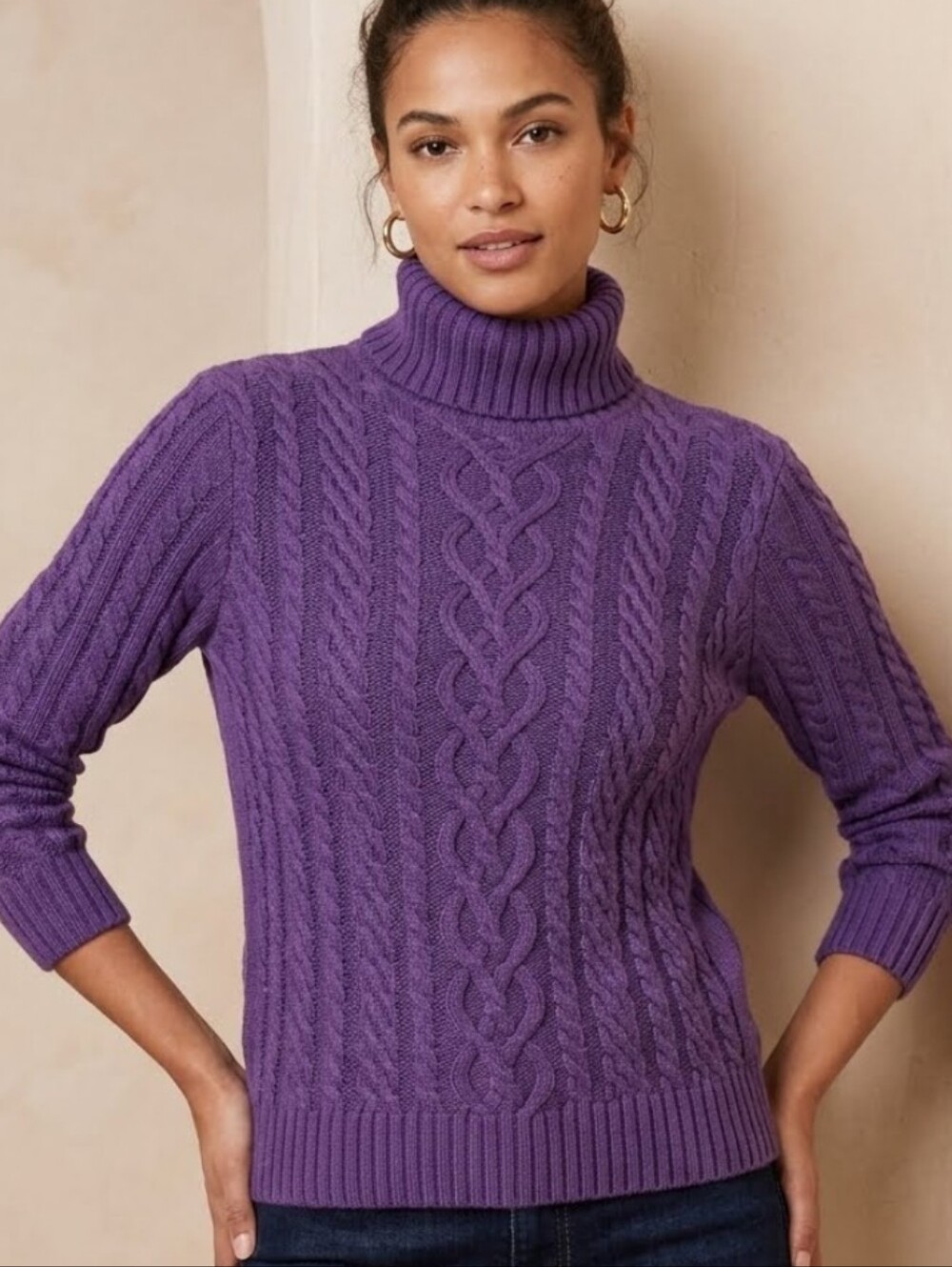 JEANNE PIERRE Deep Purple Cable Knit Scoop Neck Sweater Sz M